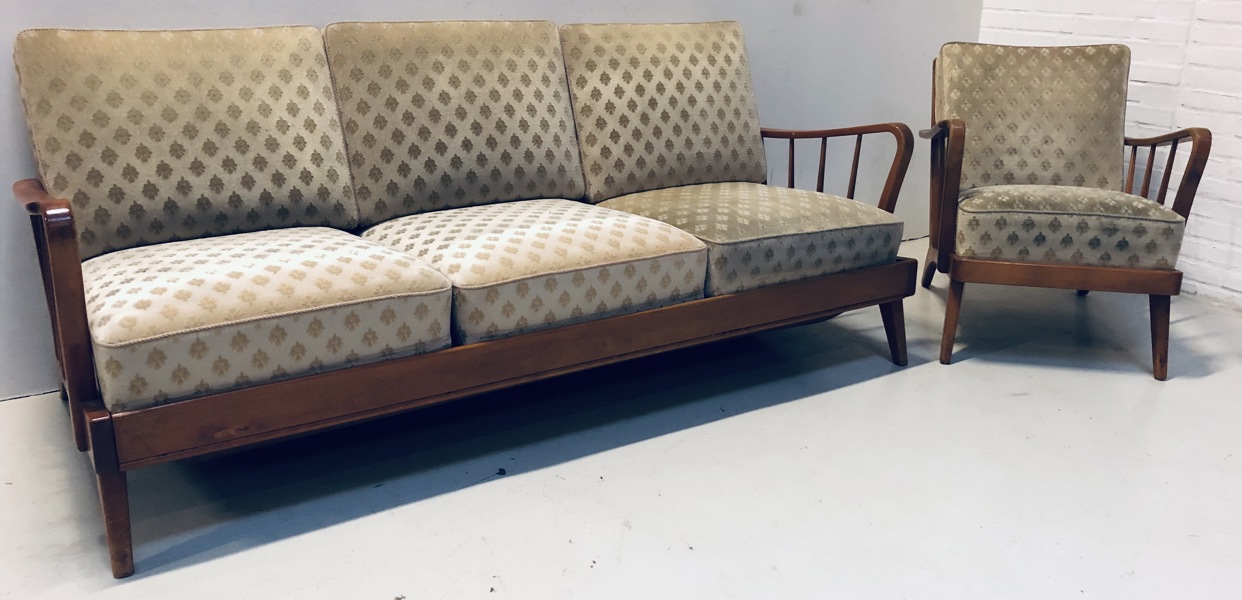 Mid-century sofasæt: 3-pers. sofa samt læne-/loungestol af lakeret tremmestel