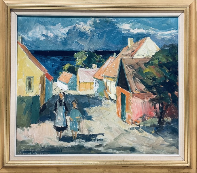 Maleri skabt af Svend Nielsen (1908-1993), byparti fra Bornholm (90X80)