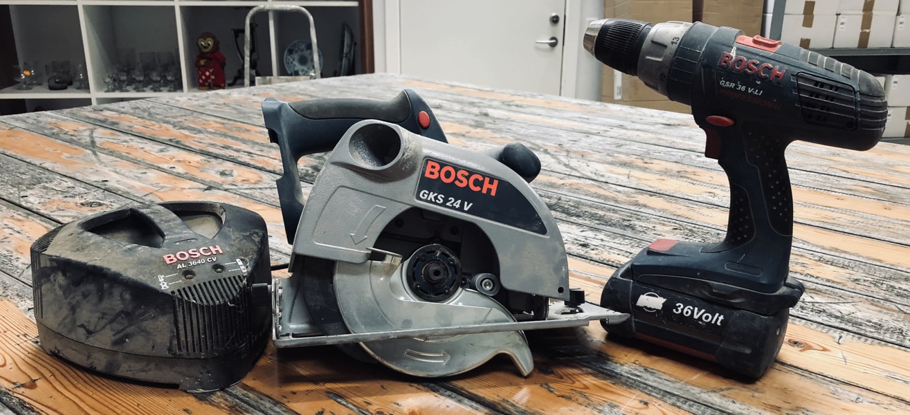 Bosch Professionel (akku): GKS 24 V rundsav, GSR 36 V-Li boremaskine, AL 3640 CV batterilader samt 36V batteri