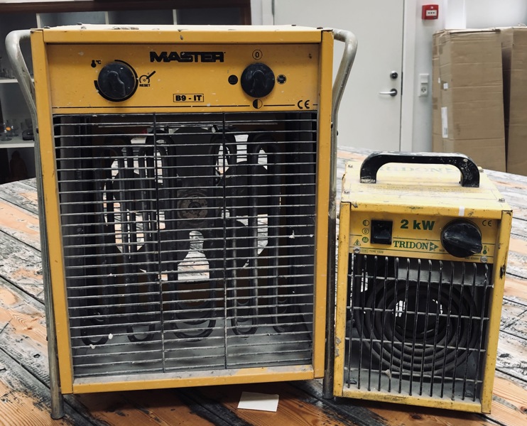 Master B9-IT varmeblæser (400v) samt Tridon 2Kw varmeblæser (220v)