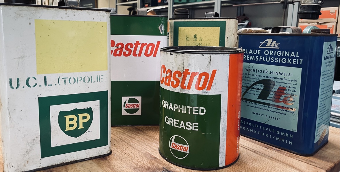 5 Vintage olie-/bremsevæskebeholdere fra BP, Castrol samt Ate