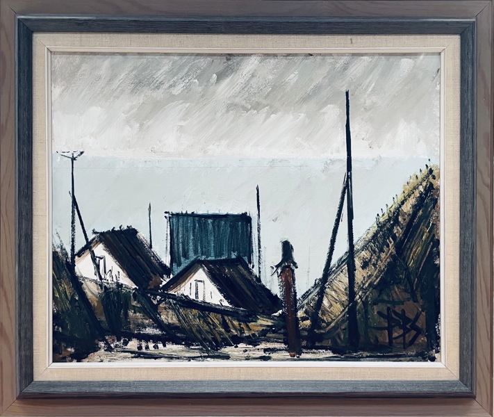 Maleri skabt af Peter Brøndum Sørensen (1931-2003): Figur og huse ved havet (67,5X59)