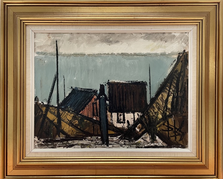 Maleri skabt af Peter Brøndum Sørensen (1931-2003): Huse ved havet (59,5X50)