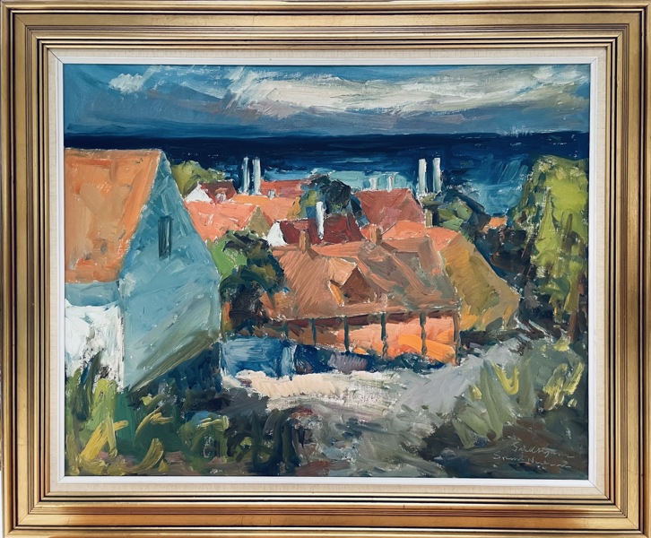 Maleri skabt af Svend Nielsen (1908-1993): Byparti fra Bornholm (94,5X79)