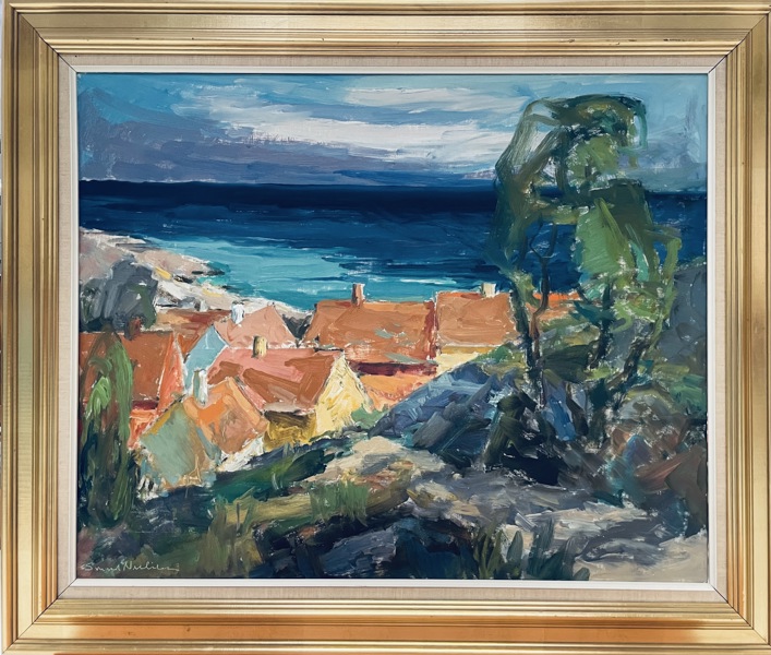 Maleri skabt af Svend Nielsen (1908-1993): Byparti fra Bornholm (94,5X80)