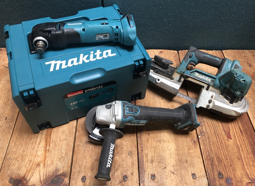 Makita (akku): DTM51 multicutter, DGA506 vinkelsliber samt DPB183 båndsav (R 2025-0252, 10/25)