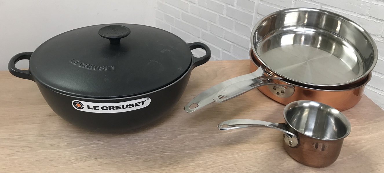 3 Polaris Hackmann kobber pander samt Le Creuset støbejernsgryde