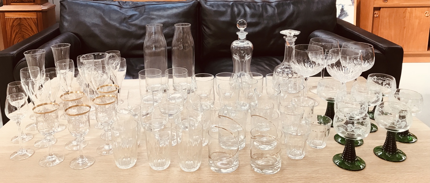 Stort samling af glas (67 dele) - herunder Rømerglas og Holmegaard klukflaske m.fl.