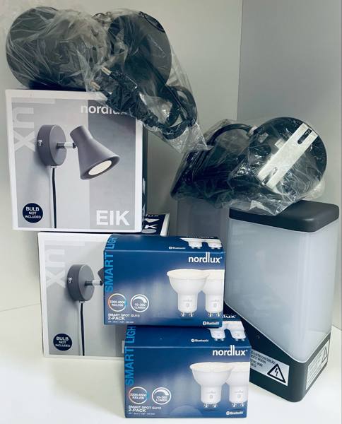 4 Nordlux EIK væglamper (2/original emballage), 4 Nordlux Smart Spot GU10 trådløse LED-pære samt 2 Livarno Lux udendørslamper (3700-75561-00034-21/23