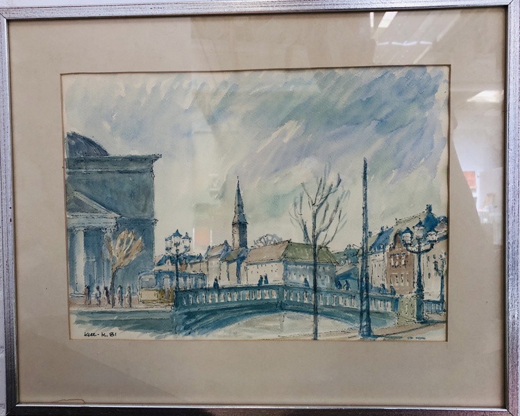 Kell Kristensen akvarel år 1981, motiv Christiansborg fra Gl. Strandvej