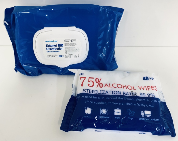 Stort parti desinfektionsvådservietter - heriblandt Wetwipes 70% ethanol servietter og Jianhe 75% alkohol servietter, total 110 pakker