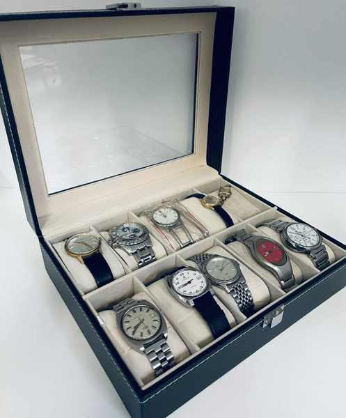 Urboks med 10 ure - herunder Festina 16059/2 chronograph, Kasta 17 Rubis Incabloc, Eterna m.fl.