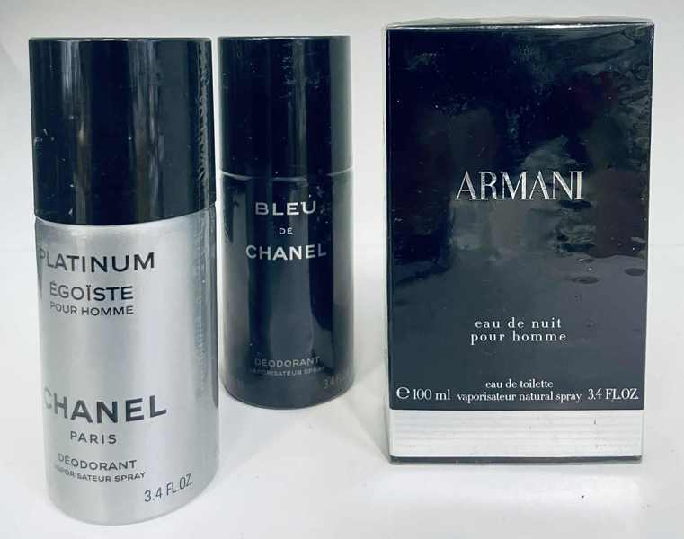 Giorgio Armani 'Eau De Nuit Pour Homme' EDT (100ml),
Chanel 'Egoiste Platinum' Deodorant spray (100ml) samt 'Chanel Bleu de Chanel' Deodorant spray (100ml) - (Å 2025-0978)