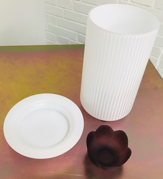 Holmegaard glasskål, Depression Glass glaskål i pink og Lyngby glasvase