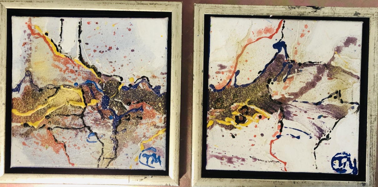 2 Malerier (samlet værk) skabt af Tonni Museth (f. 1949):  abstrakt/figurativ (20X20cm) - (DBL)