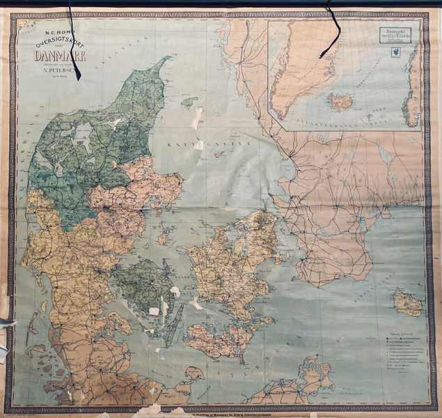 Danmarkskort udarbejdet og tegnet af N. Petersen, fremstillet ved N. C. Roms Stentrykkeri