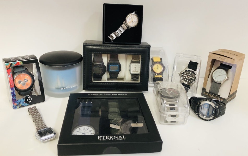 Samling af armbåndsure (13 enheder) - herunder mærkerne Casio, Inex, Eternal samt Bering