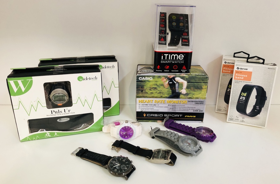 Samling af puls-ure, smartwatch og armbåndsure (11 enheder) - herunder mærkerne Denver, Widetech, iTime samt Copenhagen Clock Company