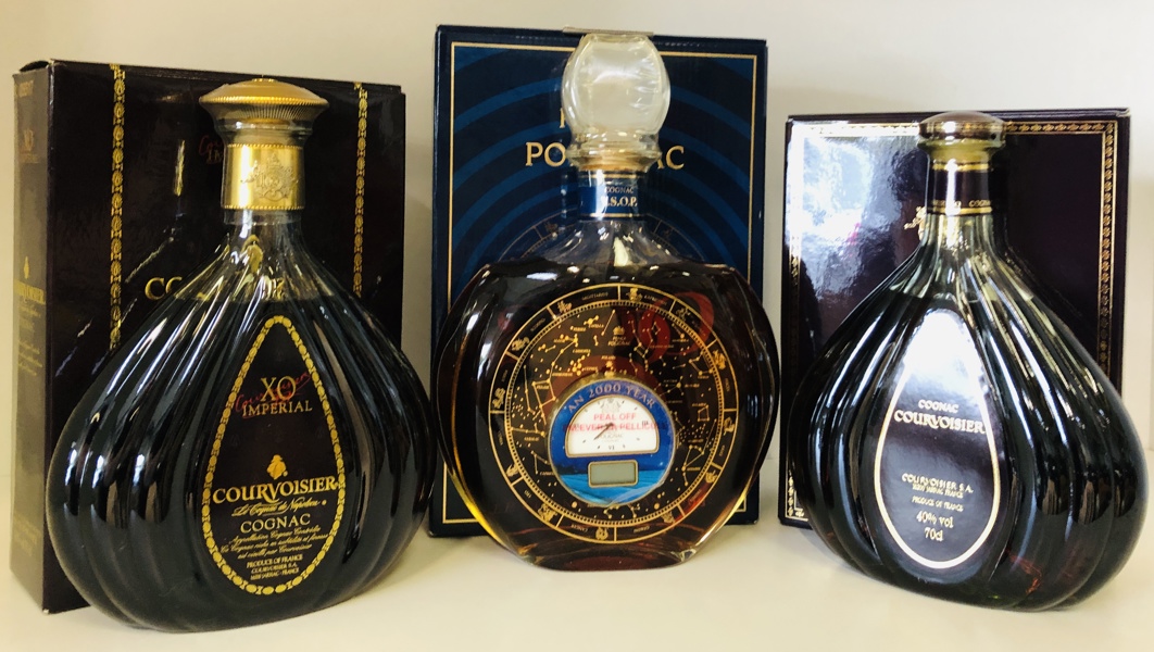 Samling af cognac (3 enheder) - herunder Prince Hubert de Polignac Cognac 2000, Courvoisier Cognac XO Imperial samt Courvoisier Cognac XO