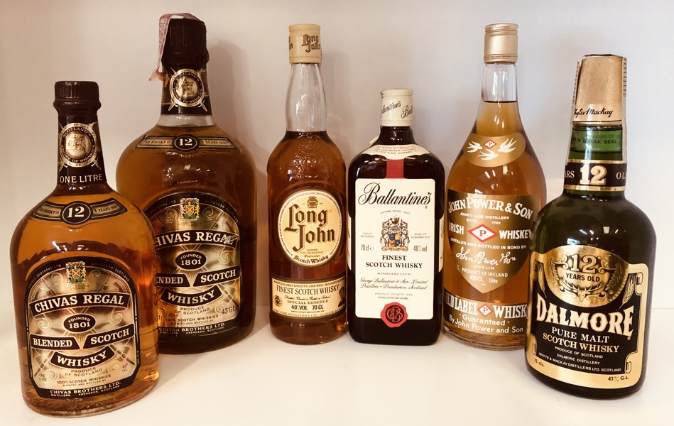 Samling af whisky (6 enheder) - herunder 2 stk. Chivas Regal Blended 1L og 1,75L, Dalmore Pure Malt 75cl, Ballantines Finest 70cl, John Powers & Son 1L samt Long John 70cl