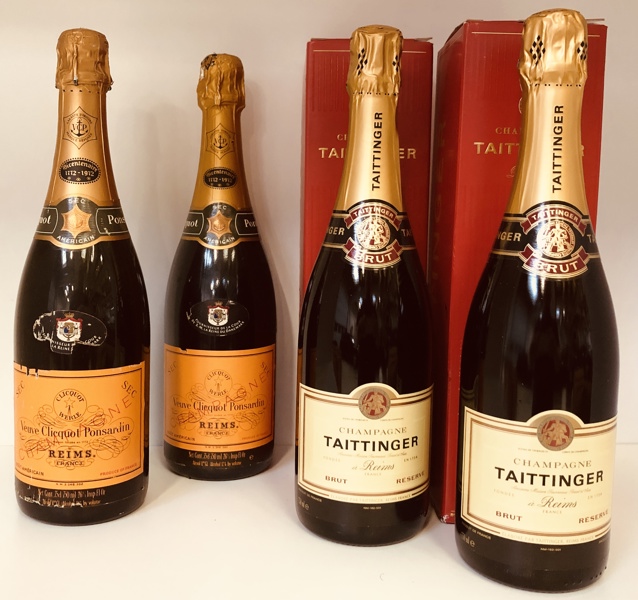 Samling af champagne og sec (4 enheder) - herunder 2 stk. Taittinger Reims Brut 75cl samt 2 stk. Veuve Clicquol Ponsardin Reims 75cl