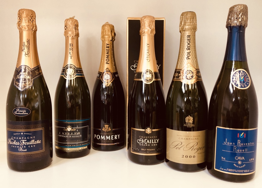 Samling af champagne og cava (6 enheder, alle 75cl) - herunder Nicolas Feuillatte Premier Cru, J. Keller Crémant D'Alsace, Pommery Reims, Mailley Grand Cru, Pol Roger's, samt Joan Raventós Rosell