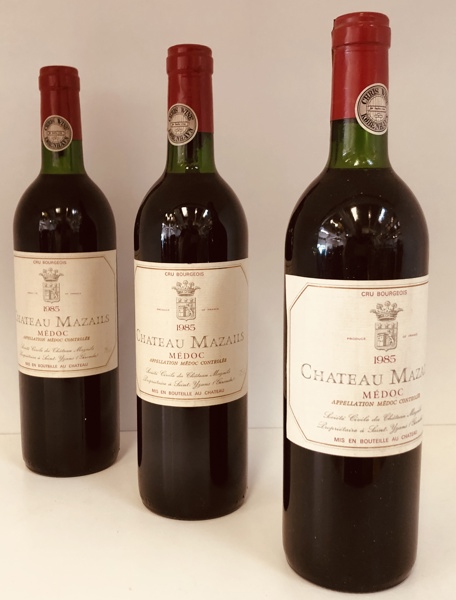 Samling af vin (3 enheder) Chateua Mazails Medoc årg. 1985. 75cl