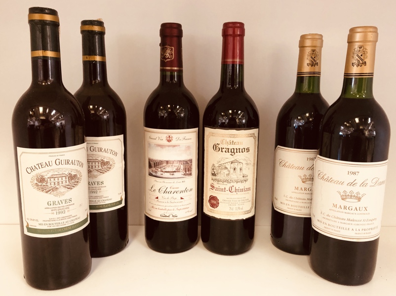 Samling af vin (6 enheder 75cl) 2 stk. Chateau Guirauton Graves årg. 1992, 2 stk. Château de la Dame Margaux årg. 1987, La Charenton Cuvee samt Saint-Chinian Grands Vine de Gironde årg. 1998