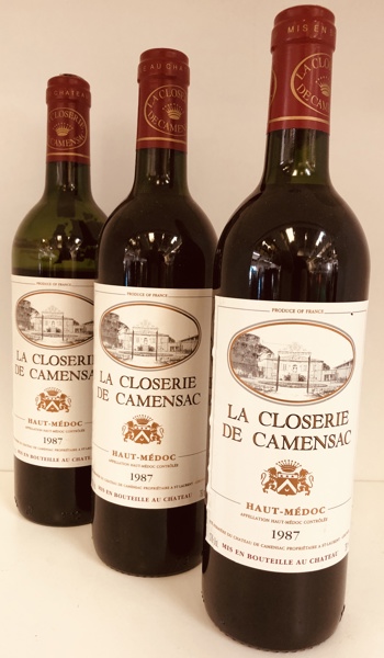 Samling af vin (3 enheder 75cl) La Closerie de Camensac Haut-Médoc årg. 1987