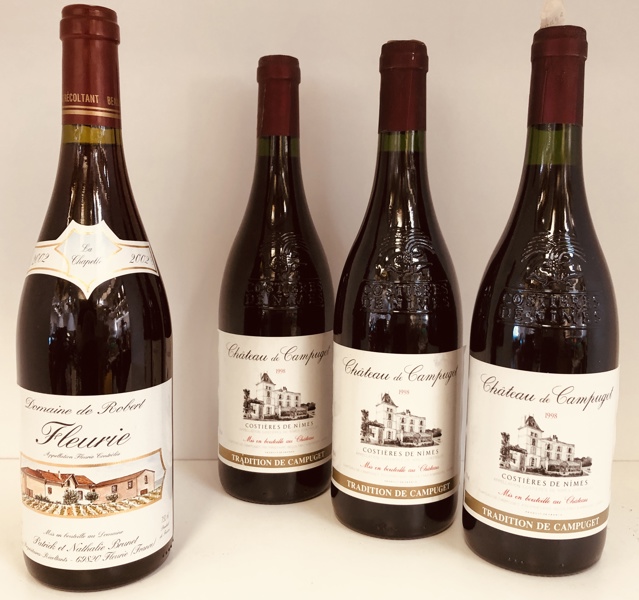 Samling af vin (4 enheder 75cl) 1 stk. Fleurie Domaine de Robert samt 3 stk. Château de Campuget årg. 1998