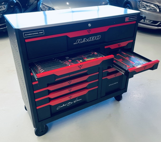 Widmann Jumbo Steel Top værkstedsvogn m. 12 skuffer samt værktøj (274 dele)