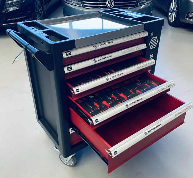 Schwartzmann værkstedsvogn m. 6 skuffer og værktøj (165 dele)