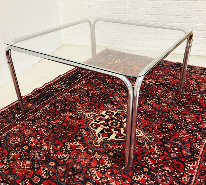 Mid-century sofabord af forkromet stel og glas