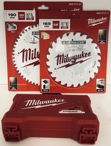 Milwaukee: Ø 165mm 5/8" 24HW klinge, Ø 190mm 30mm 54HW klinge samt Shockwave Impact Duty bitssæt (P 354, 355, 356)