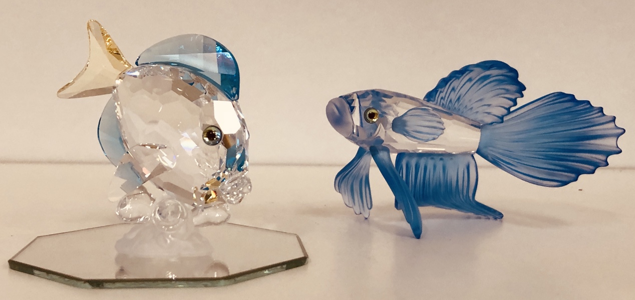Samleobjekt: Swarovski SCS Tang fisk (2007) samt Swarovski Siamesisk Fighter fisk (1999) udført i klar/farvet krystal samt , formgivet af Edith Mair og Heinz Tabertshofer