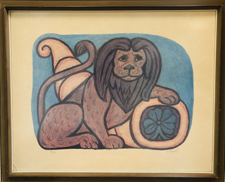 Litografi skabt af Henry Heerup (1907-1993): 'Løvevogter over overflødighedshorn'