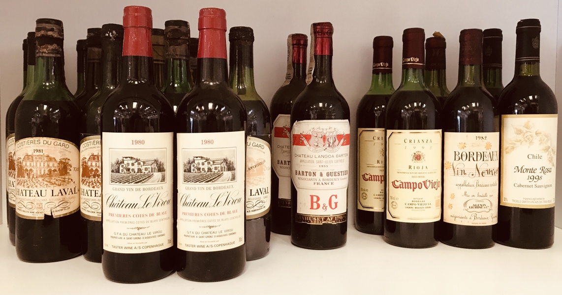 Samling af vin (22 enheder 70 & 75cl) Chateau Le Virou 1980, Château Laval Costiéres du Gard Vin rouge 1981-84, Vin Nouveau Bordeaux 1982, Bodegas Campo Viejo Crianza 1993 m.fl.