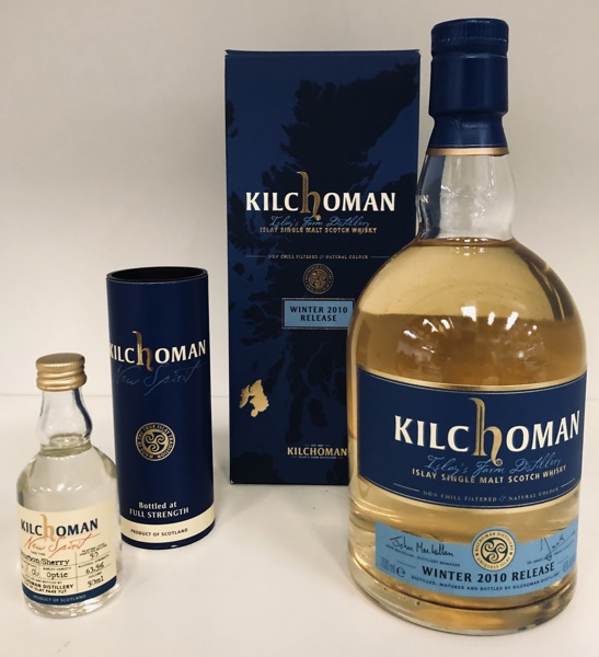 Kilchoman Islay Single Malt Scotch Whiskey: Winter Release 2010 samt Kilchoman Miniature New Make 5cl. (Råsprit)