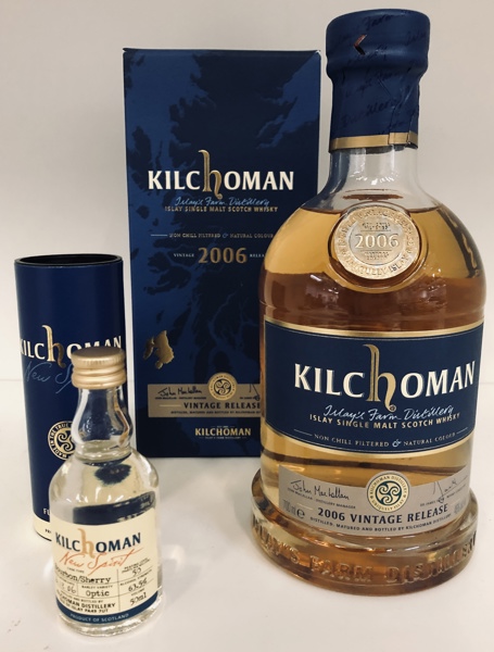 Kilchoman Islay Single Malt Scotch Whiskey: Vintage Release 2006 samt Kilchoman Miniature New Make 5cl. (Råsprit)