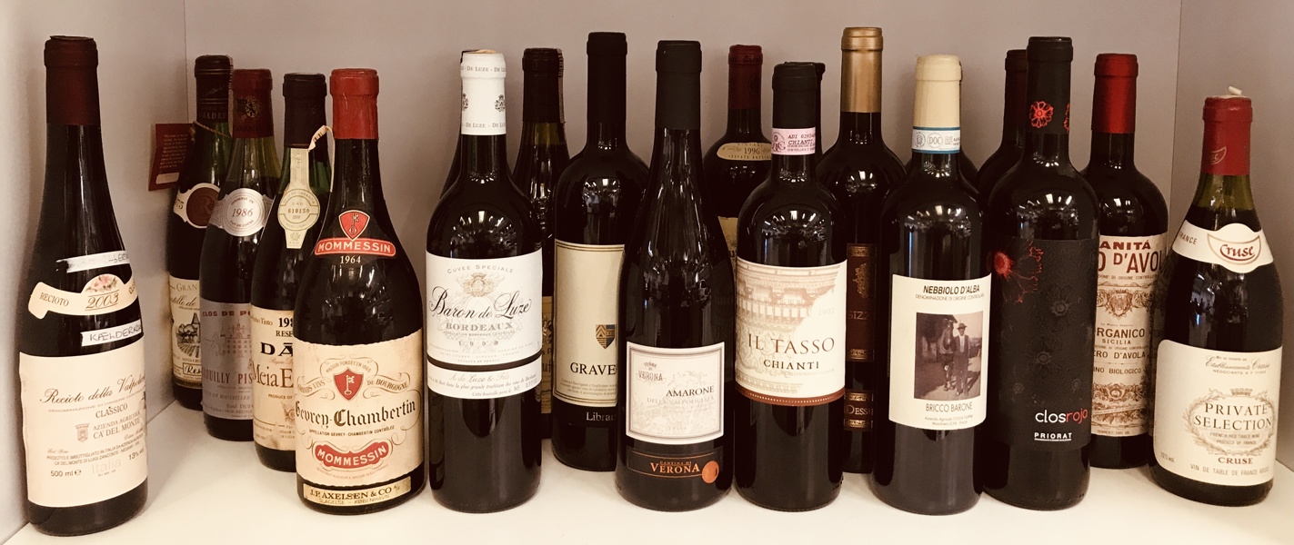 Samling af vin (20 enheder 70 & 75cl) Castillo de Calatrava 1975, Dâo Meia Encosta Reserva 1983, Brouilly Pisse-Vieile 1986, Gravello Librandi Calabria 2003 m.fl.