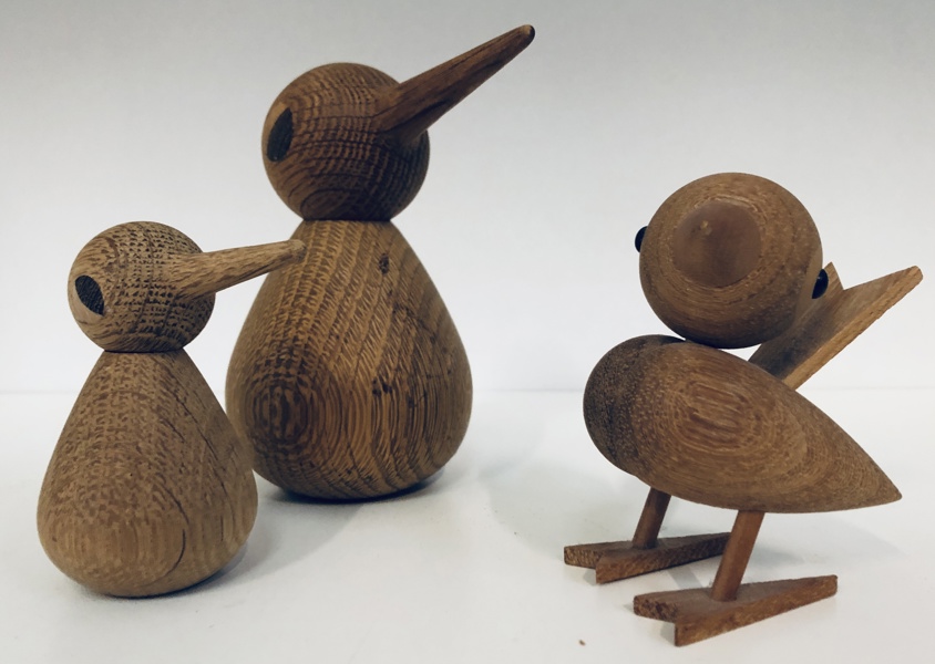 Gunnar Flørning (1931–2014) spurv (9cm) fra Lucie Kaas samt 2 Architectmade fugle (8/12cm) skabt af  Kristian Vedel (1923-2003)