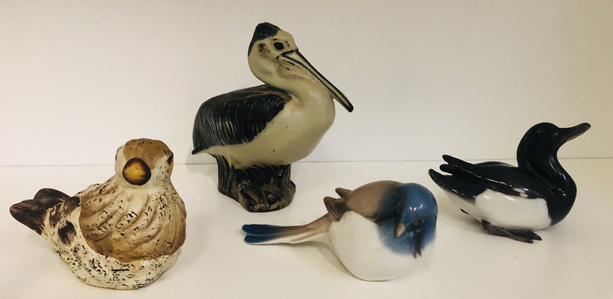 Samling af keramik fugle (4 enheder) - herunder Royal Copenhagen og Bing & Grøndahl