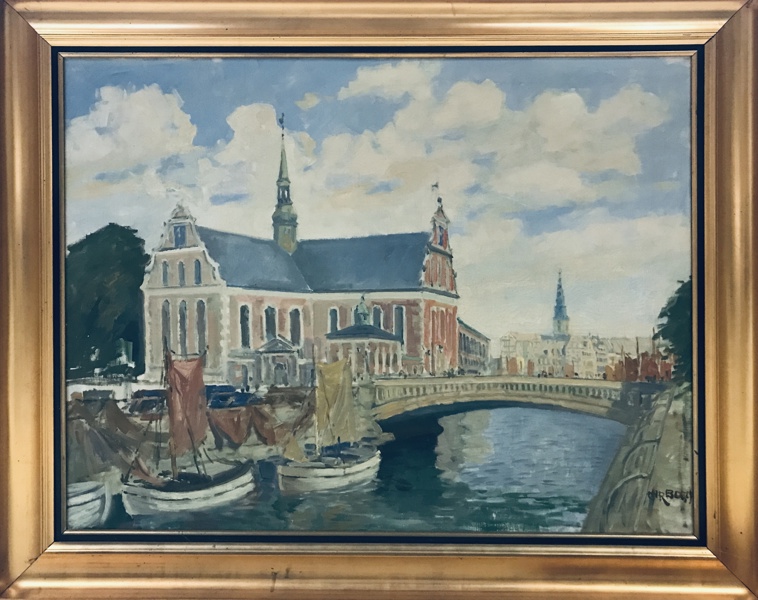 Maleri skabt af Christian Bogø (1882-1945), parti fra Holmens Kirke og Holmensbro