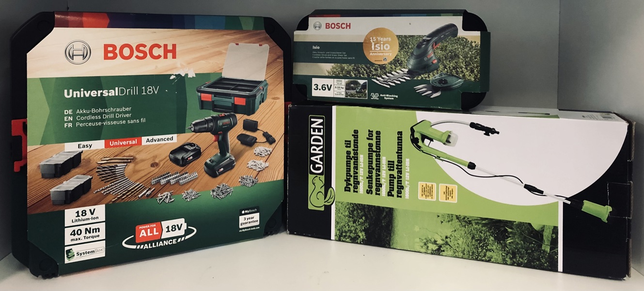 Bosch (akku): UniversalDrill 18v boreskruemaskine m. Systembox, Isio beskærersaks samt Garden dykpumpe (P 339, 341, 405/24)