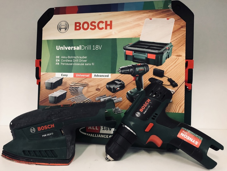 Bosch (akku): UniversalDrill 18v boreskruemaskine m. Systembox, EasyDrill 1200 boremaskine samt PSM 10,8 slibemaskine (P 222, 225, 339/24)