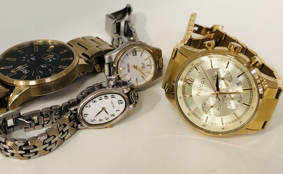 Samling af ure (4 enheder) - herunder Faucon Roman, Hugo Boss, Seiko, Seiko Solar (F 111/25, 49, 84, 90/25)