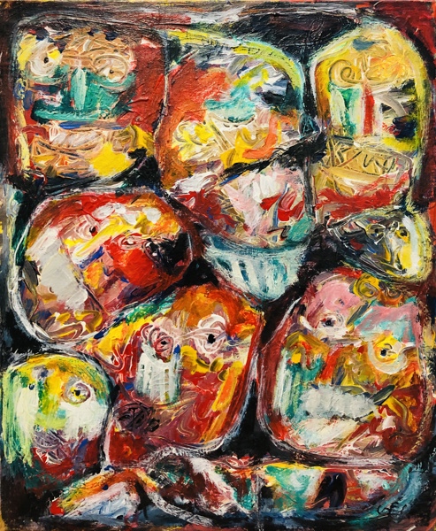 Maleri: Et abstrakt komposition skabt af Egon W. Nielsen (f. 1932)