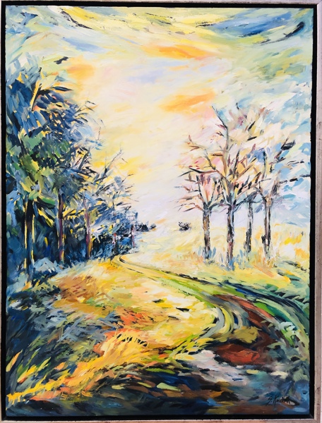 Maleri: 'Forår på Stanghede' skabt af Sonja Kudsk (f. 1951)