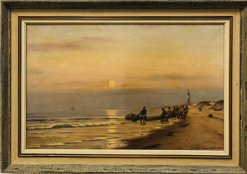 Maleri: Kystparti med fiskere, der bærer fangsten land skabt af Johan Neumann (f. 1860)