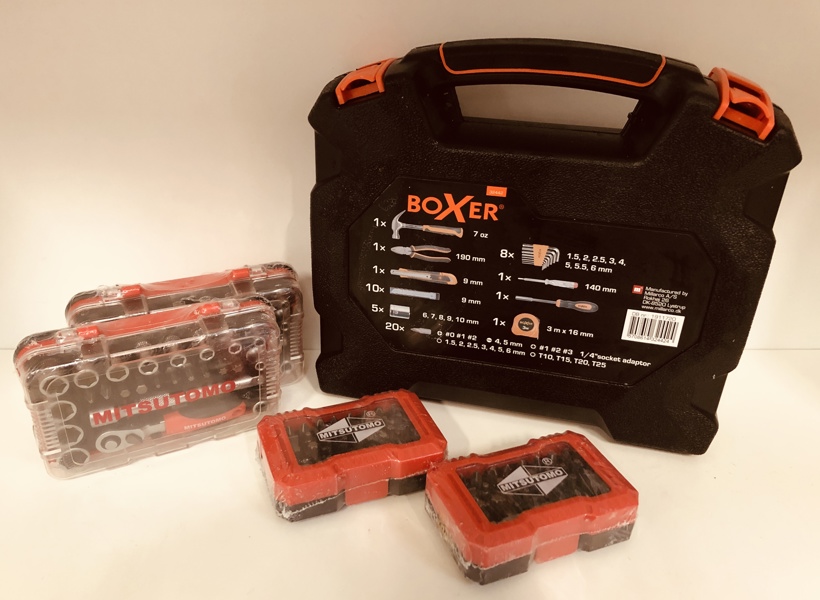 2 Mitsutomo mini topnøglesæt m. 25 dele, 2 stk. Mitsutomo 32 dele bitsæt samt Millarco Boxer Starter Kit 50 dele værktøjssæt (H 124/25)